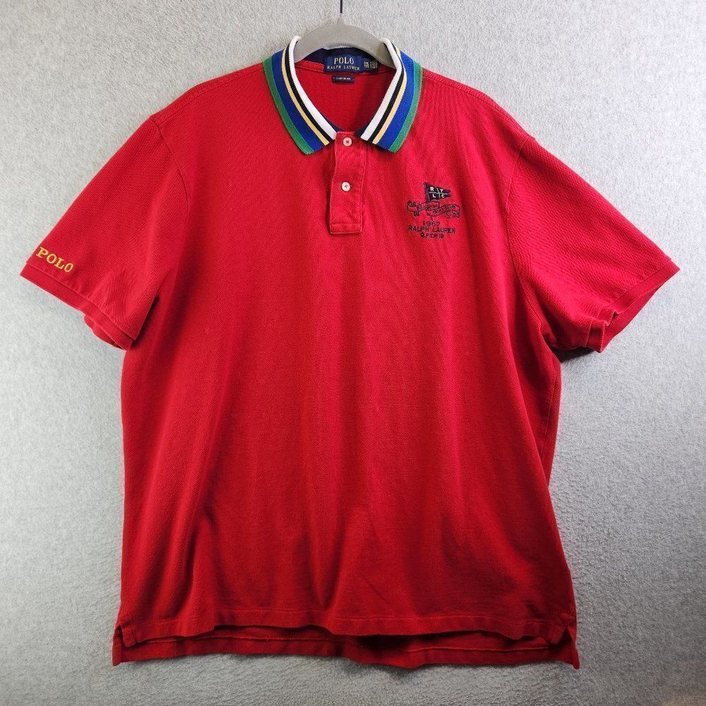 Polo Ralph Lauren Polo Shirt Mens XXL Red Yacht Club RLYC Striped Collar Boating